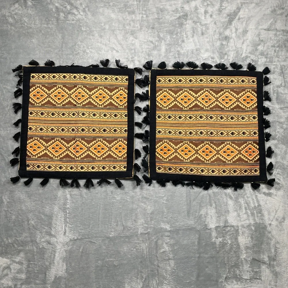Tribal Geometric Woven Pillow‎ Covers Brown Orange Tassels Boho 17x17 Set of 2
